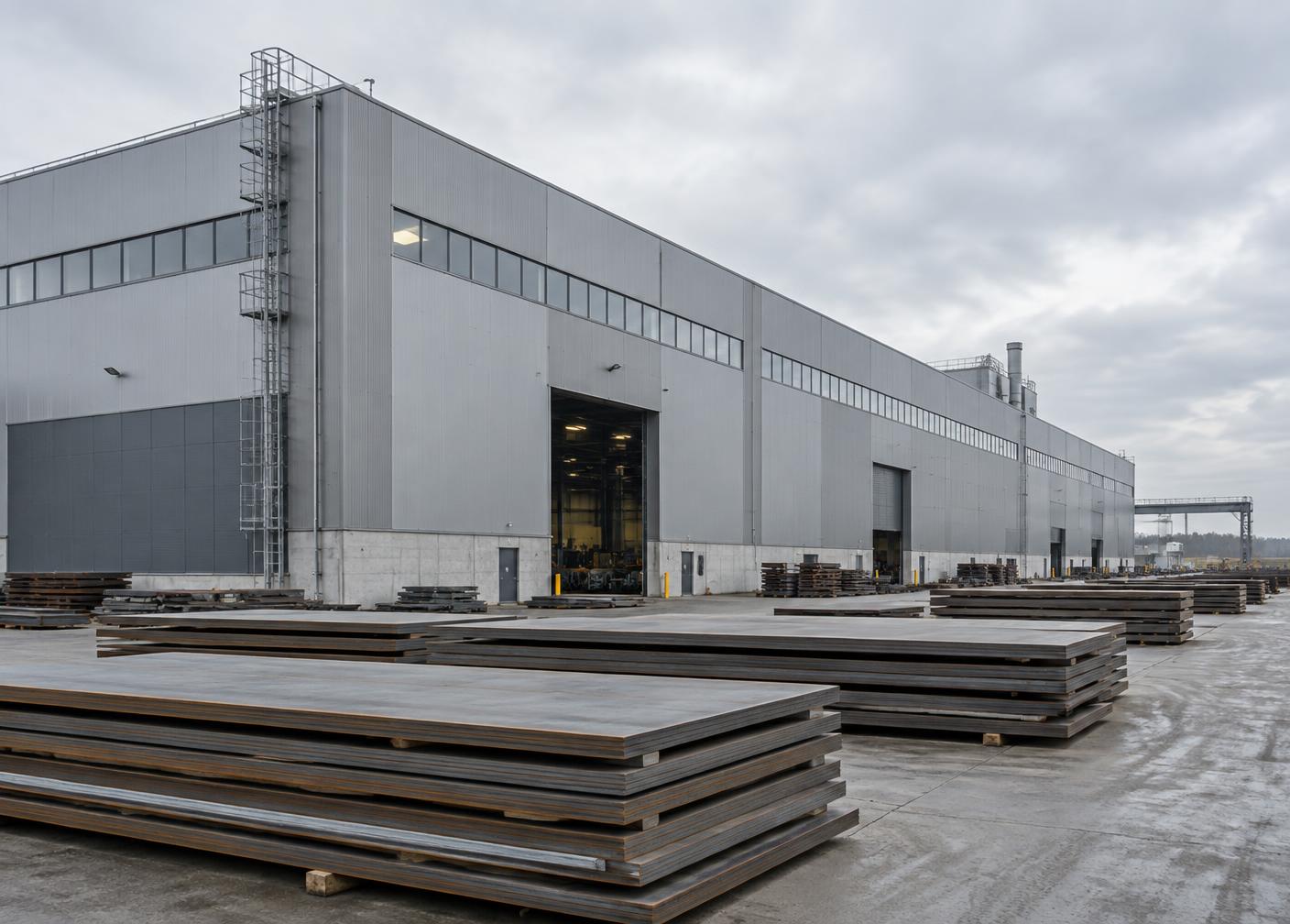 Stahlproduktionshalle mit Stahlplatten im Hof